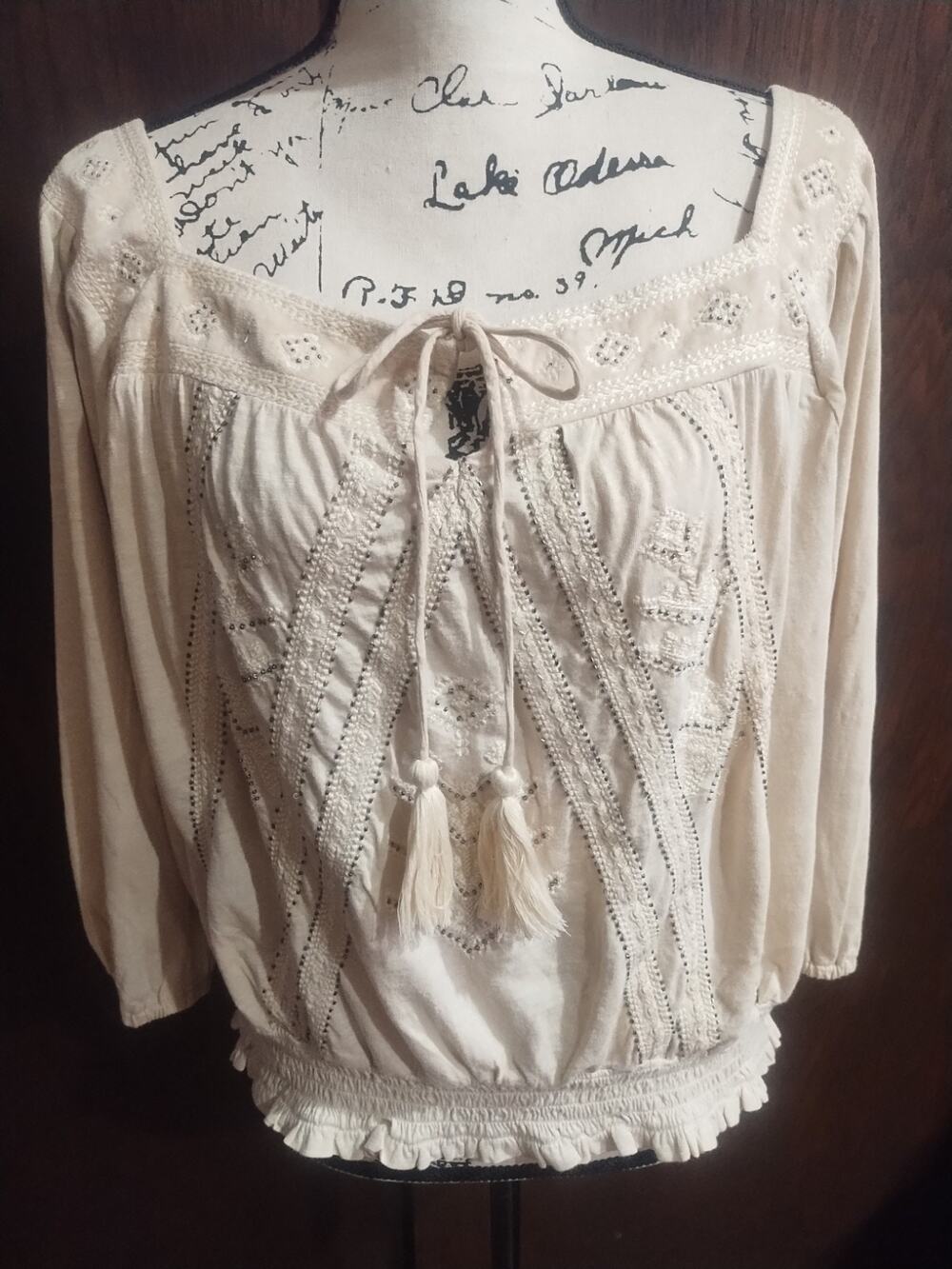 Lucky Brand beige Smocked Waist square neck beaded embroidered Boho Top XL NEW